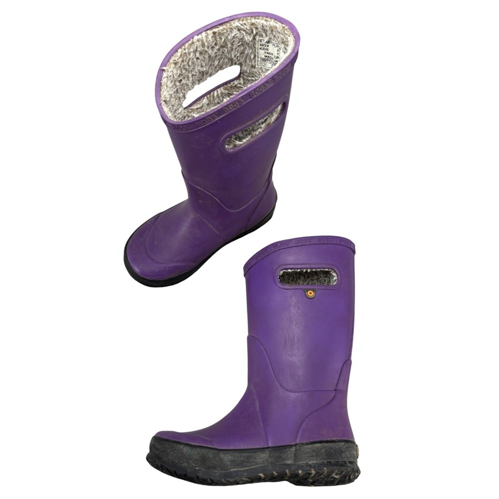Bogs Kids Rain Boots Plush Purple Rubber Waterproof Insulated Winter Size 12